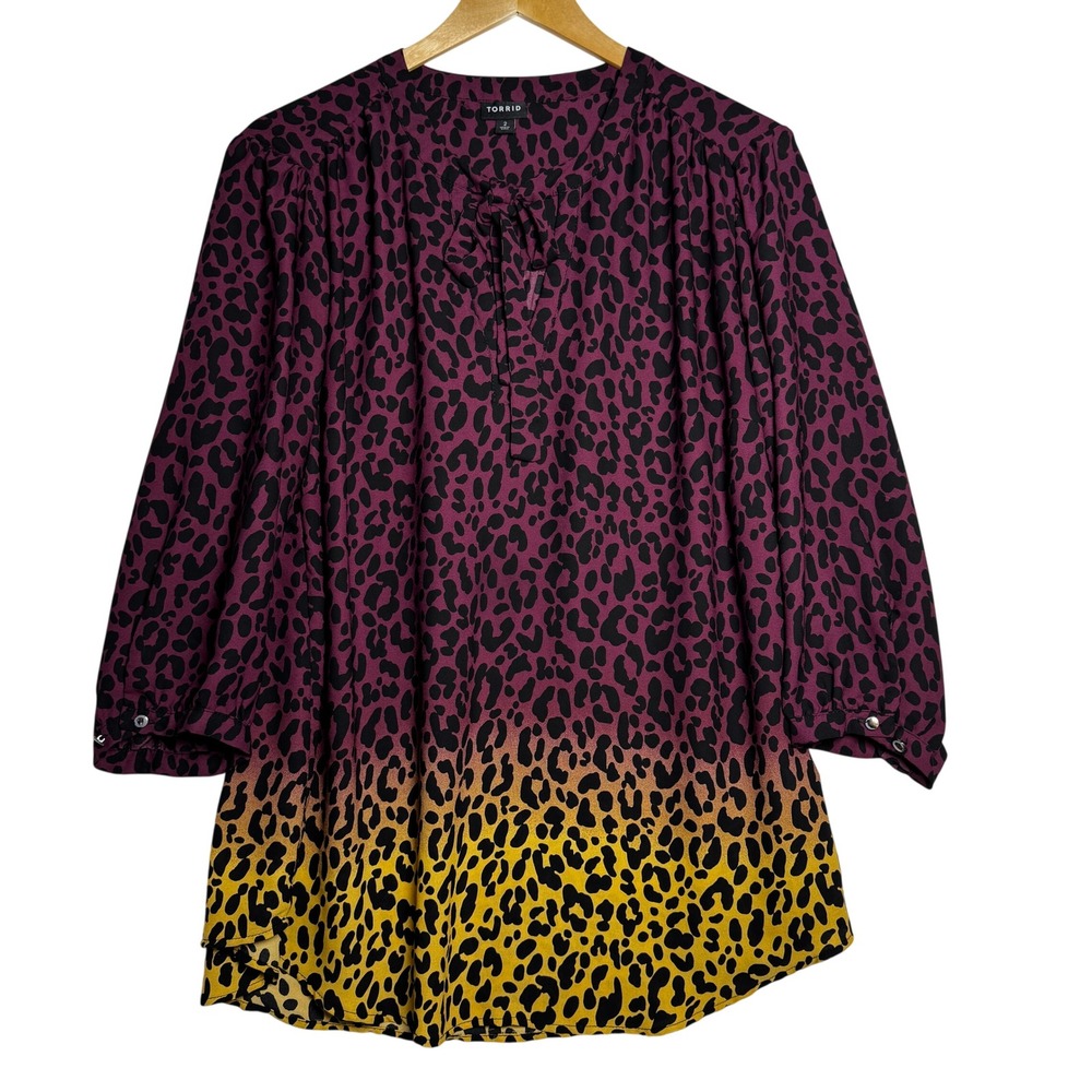 Torrid Womens Size 2 Leopard Print Tie Neck Long Sleeve Blouse Boho Chic